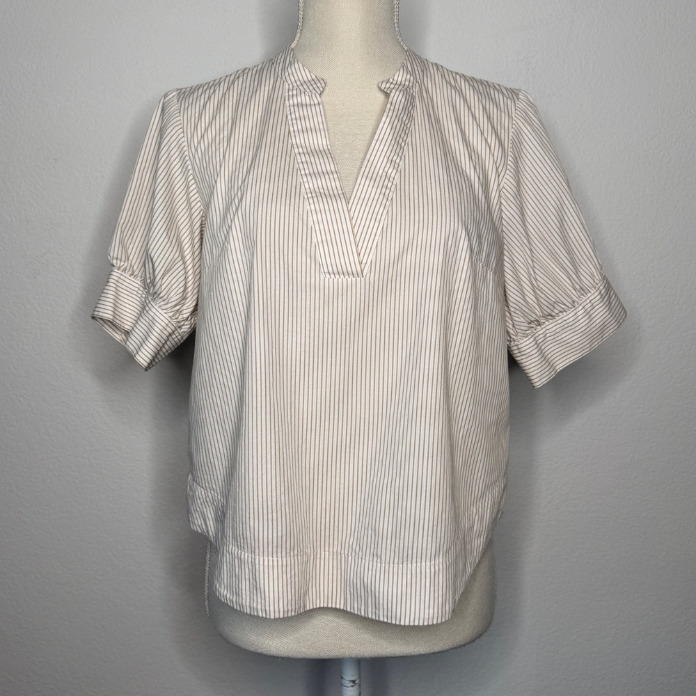 Anthropologie Stripe Split Neck Tan White Cotton Blouse Button Sleeve Size S